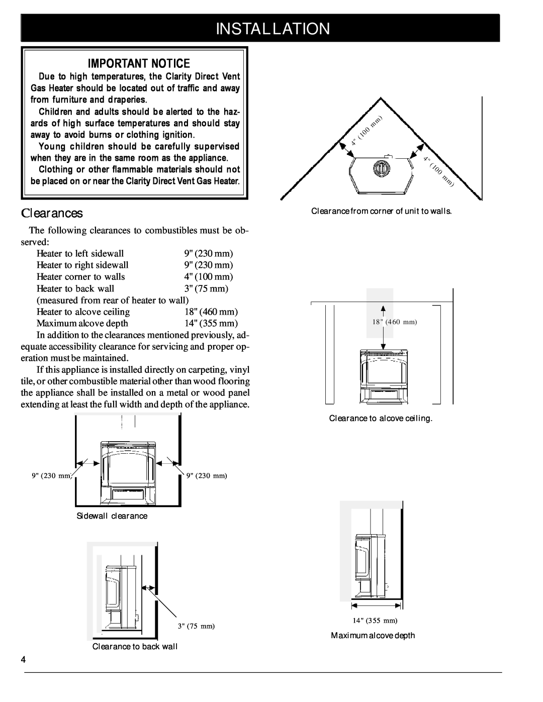 Harman Stove Company 929 DV manual Installation, Important Notice, Clearances 