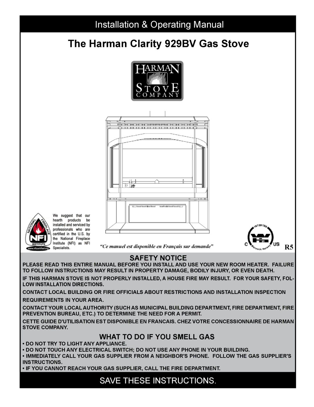 Harman Stove Company manual Harman Clarity 929BV Gas Stove 