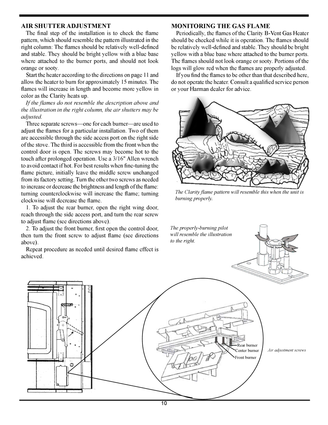 Harman Stove Company 929BV manual AIR Shutter Adjustment, Monitoring the Gas Flame 