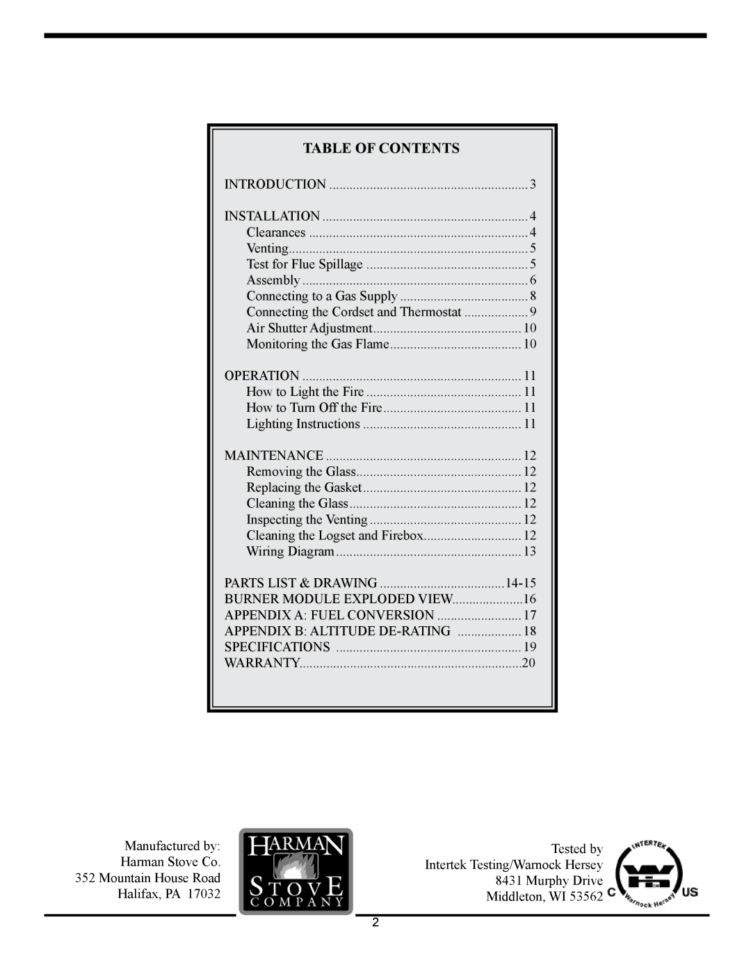 Harman Stove Company 929BV manual Table of Contents 