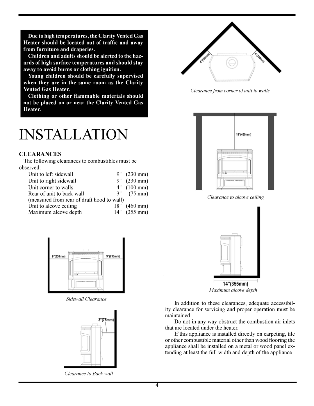 Harman Stove Company 929BV manual Installation, Clearances 