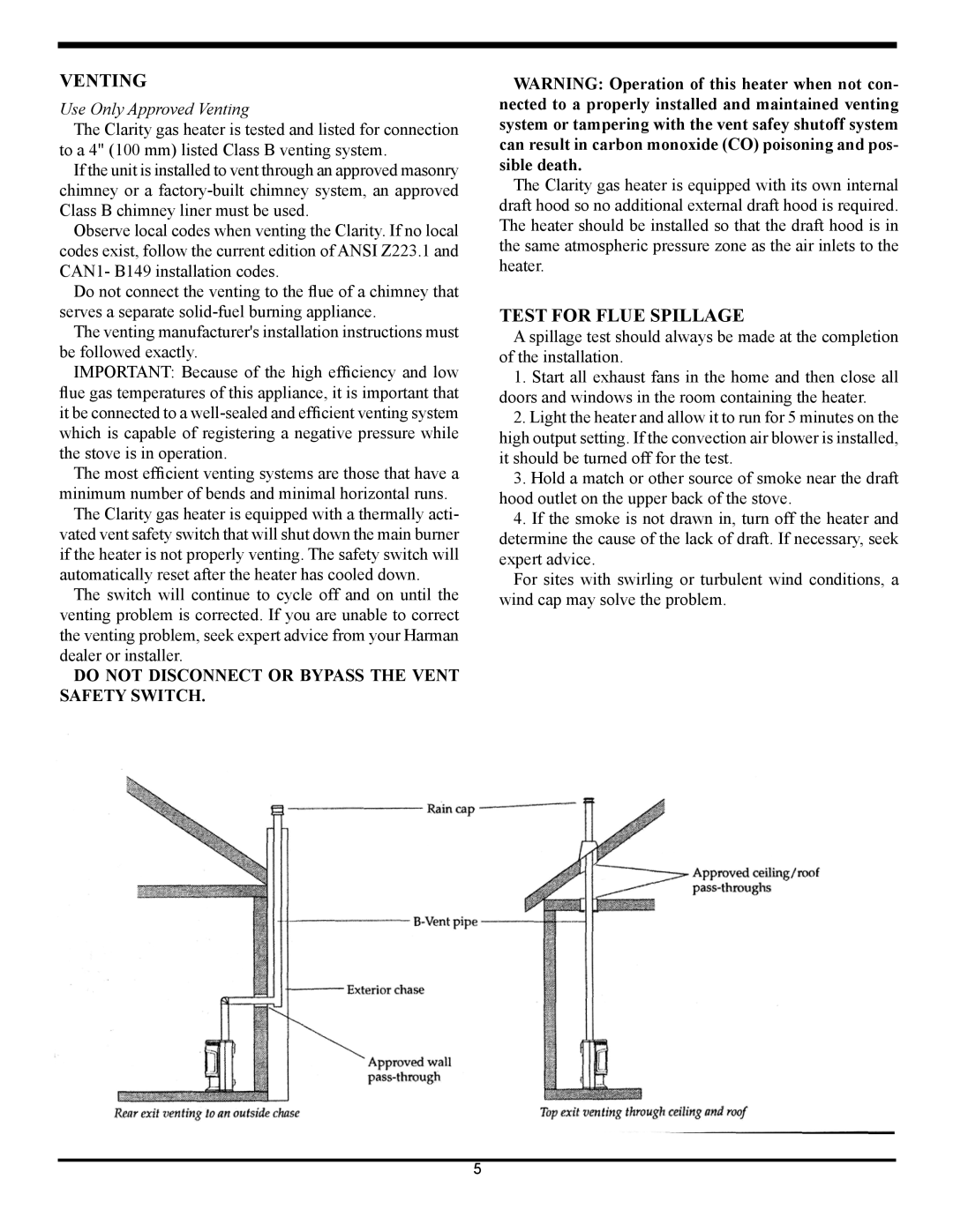 Harman Stove Company 929BV manual Test for Flue Spillage, Use Only Approved Venting 