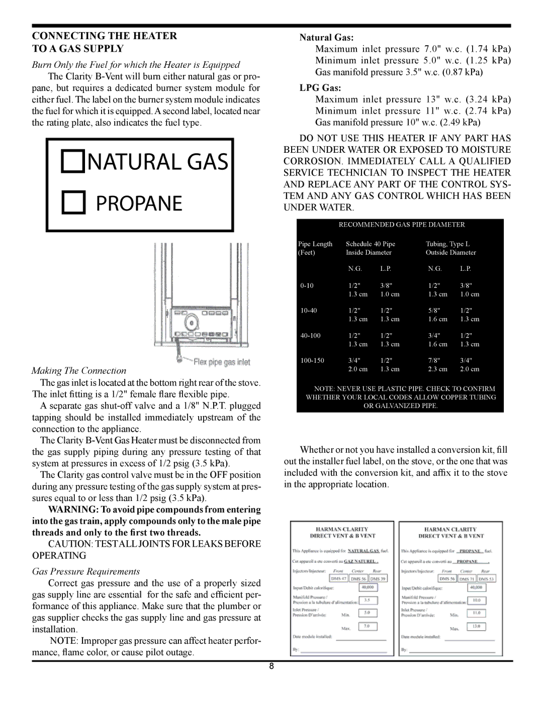 Harman Stove Company 929BV manual Connecting the Heater To a GAS Supply, Making The Connection, Gas Pressure Requirements 