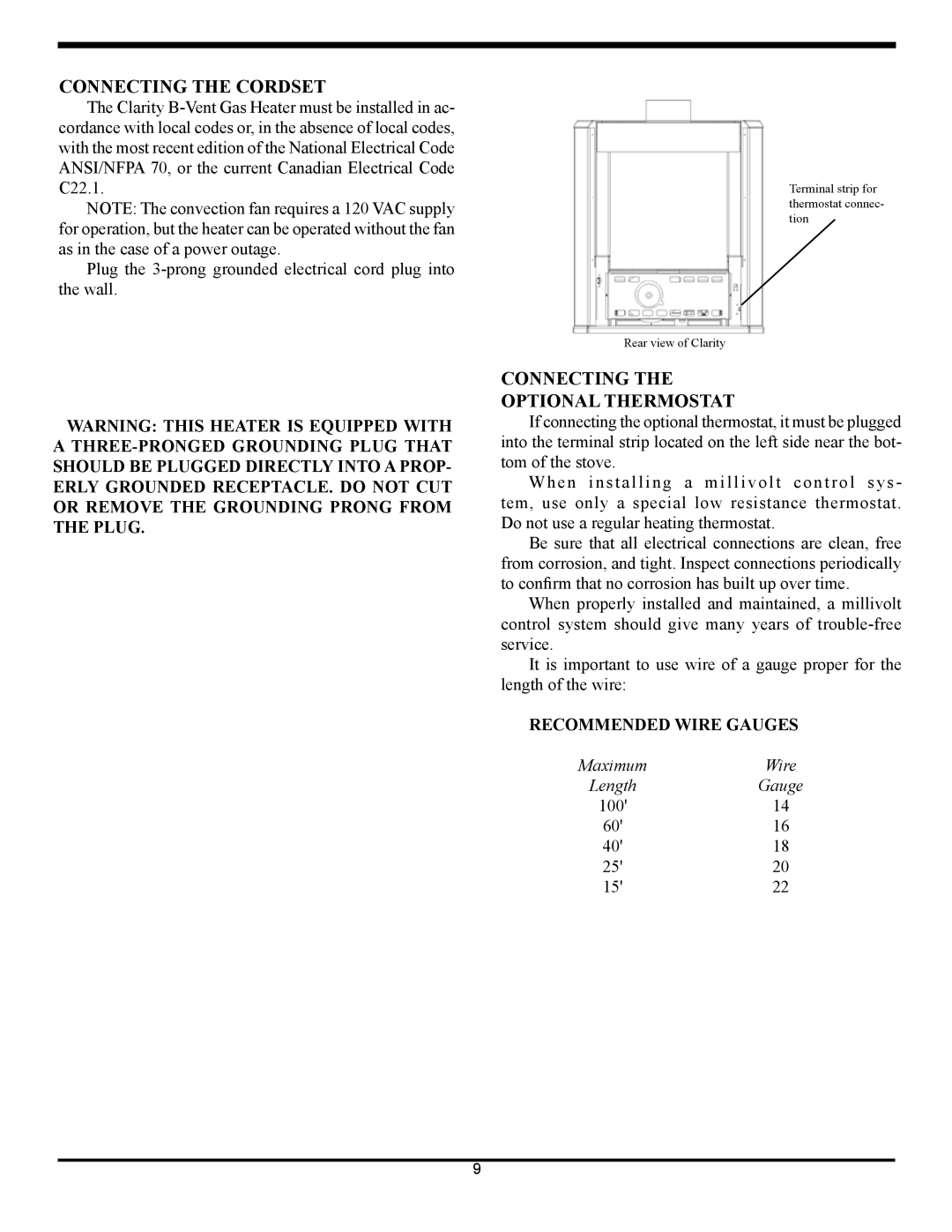 Harman Stove Company 929BV manual Connecting the Cordset, Connecting Optional Thermostat 