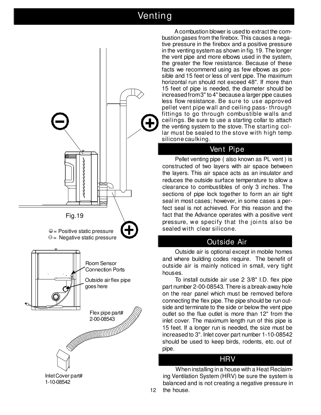 Harman Stove Company Advance Pellet Stove manual Venting, Vent Pipe, Outside Air 