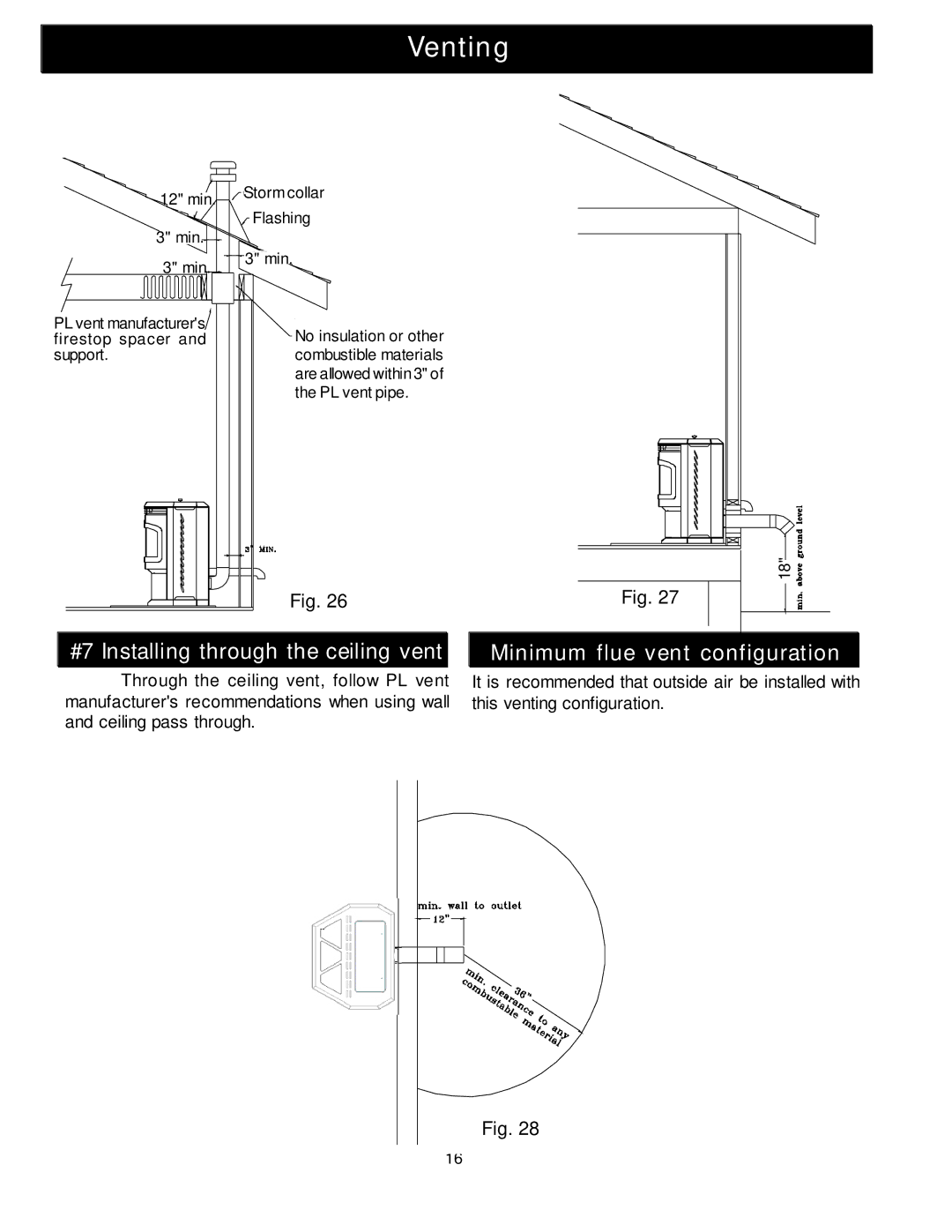 Harman Stove Company Advance Pellet Stove manual #7 Installing through the ceiling vent, Minimum flue vent configuration 