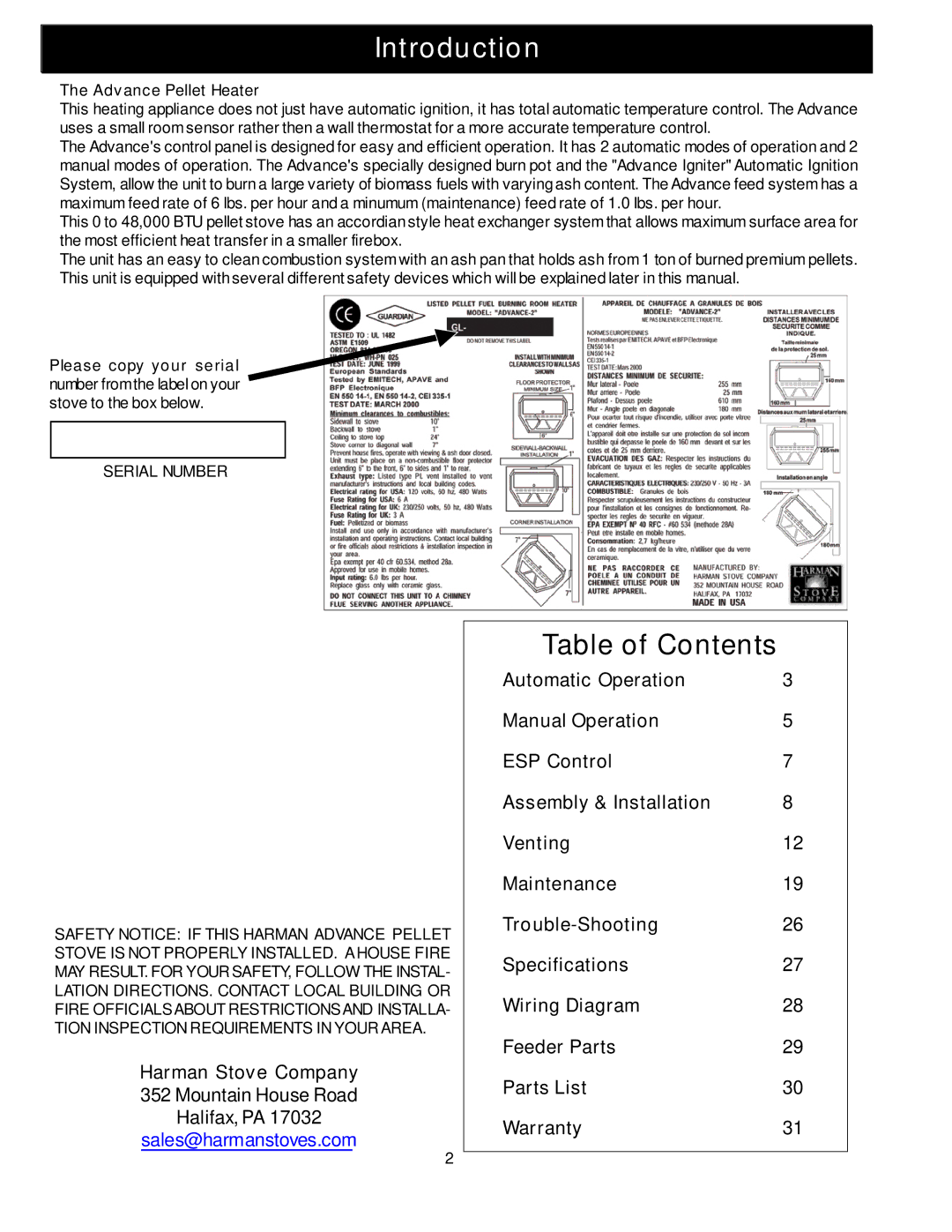 Harman Stove Company Advance Pellet Stove manual Introduction, Table of Contents 