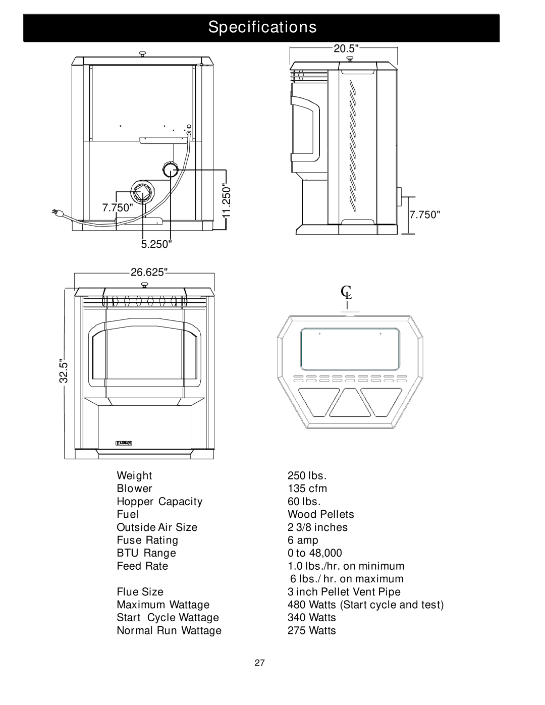 Harman Stove Company Advance Pellet Stove manual Specifications 