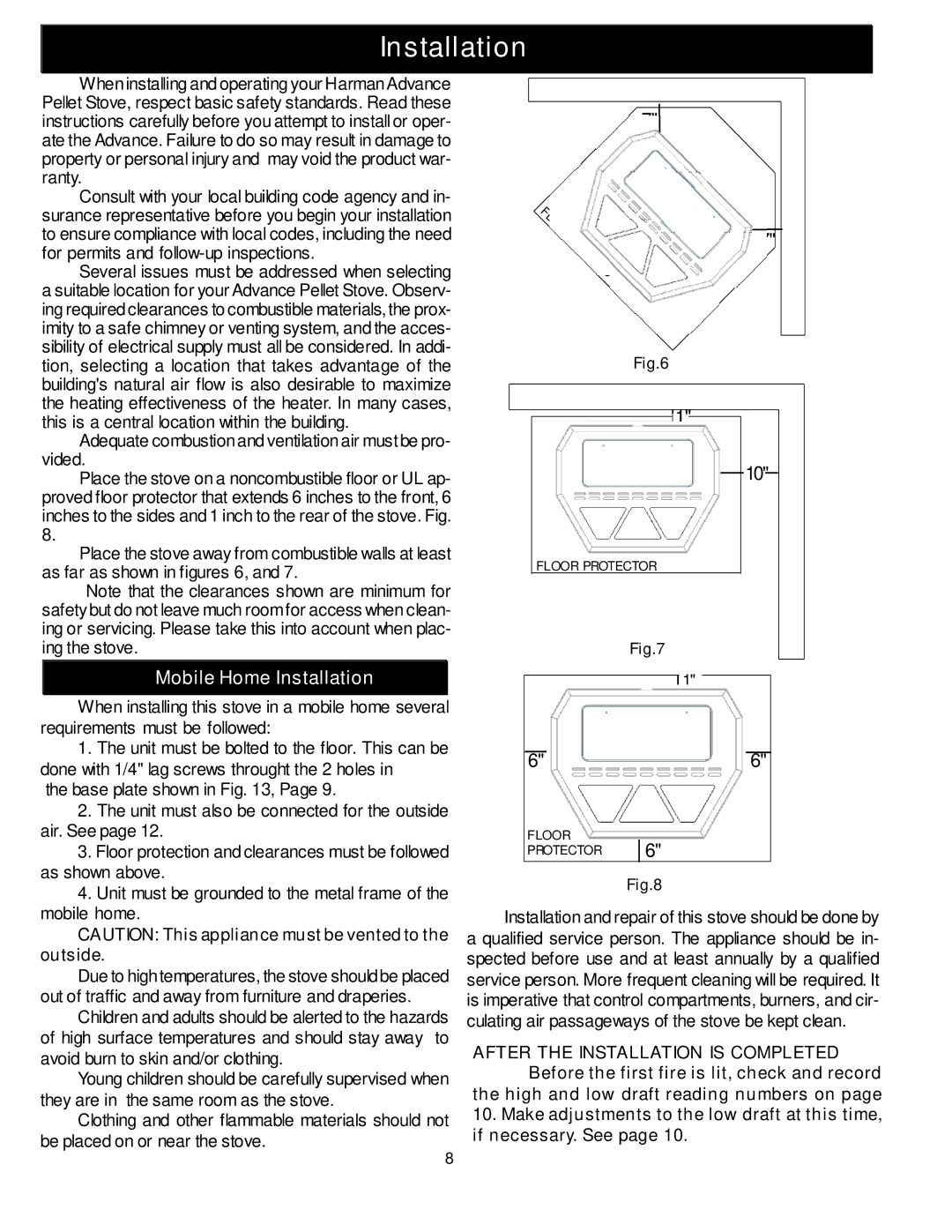 Harman Stove Company Advance Pellet Stove manual Mobile Home Installation 