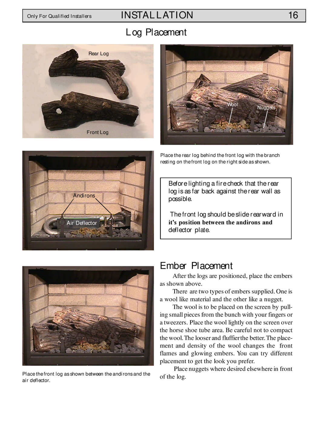 Harman Stove Company Conquest Gas Stove manual INSTALLATION16, Log Placement, Ember Placement, Deflector plate 