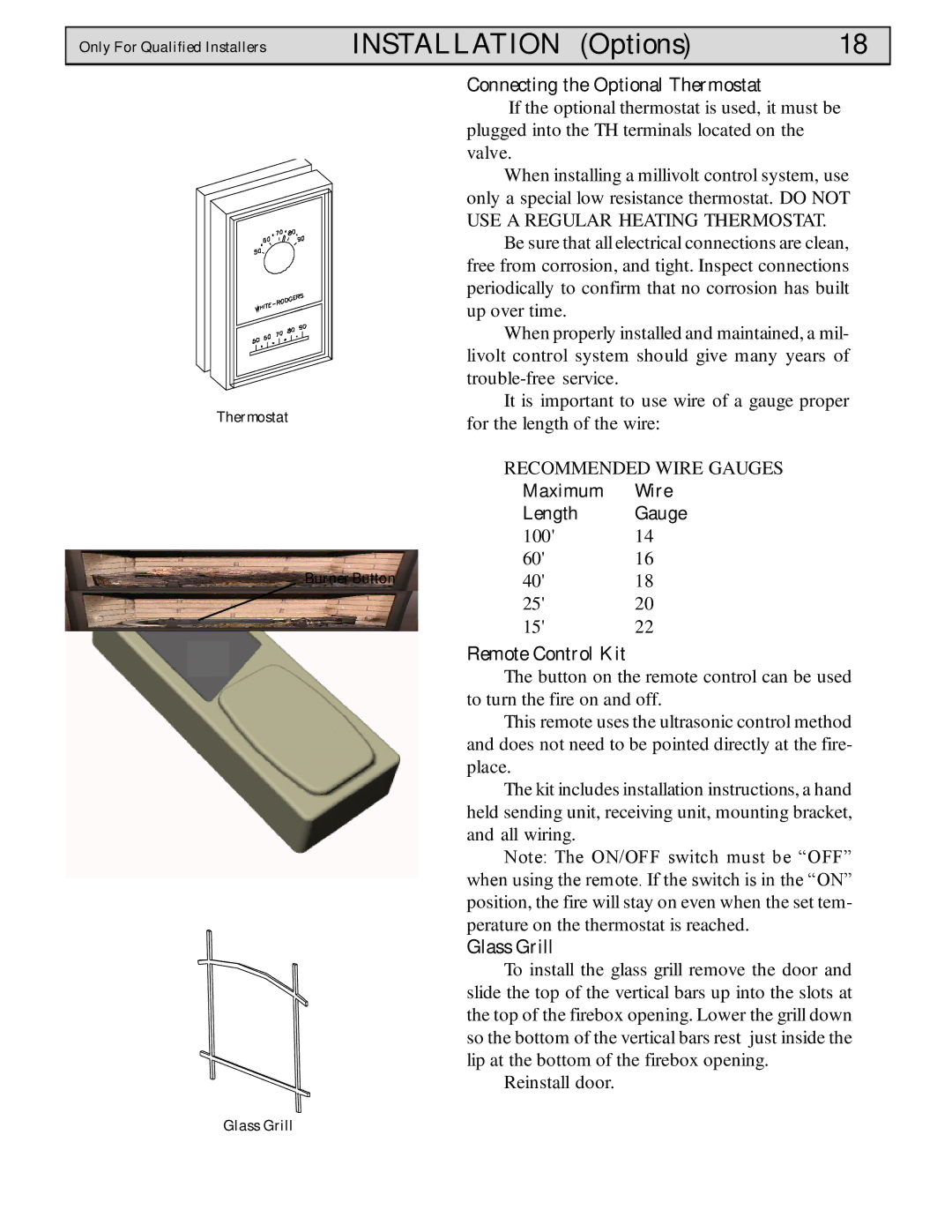 Harman Stove Company Conquest Gas Stove manual Installation Options, Connecting the Optional Thermostat, Remote Control Kit 