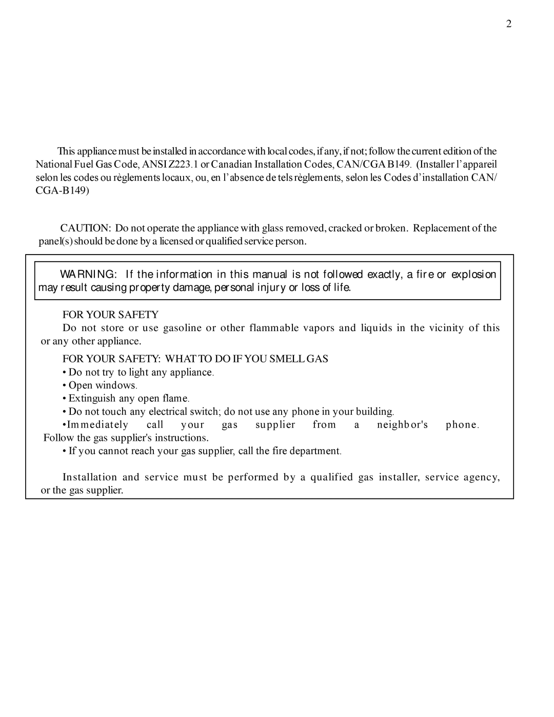 Harman Stove Company Conquest Gas Stove manual For Your Safety What to do if YOU Smell GAS 