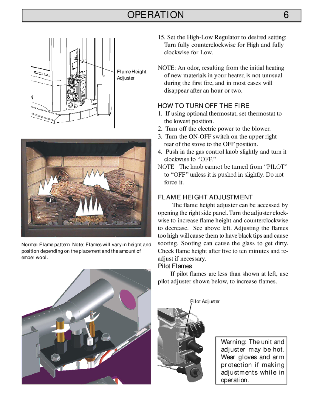 Harman Stove Company Conquest Gas Stove manual OPERATION6, Pilot Flames 