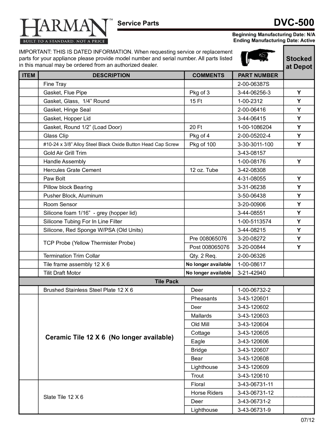 Harman Stove Company DVC-500 manual At depot, Ceramic Tile 12 X 6 No longer available 