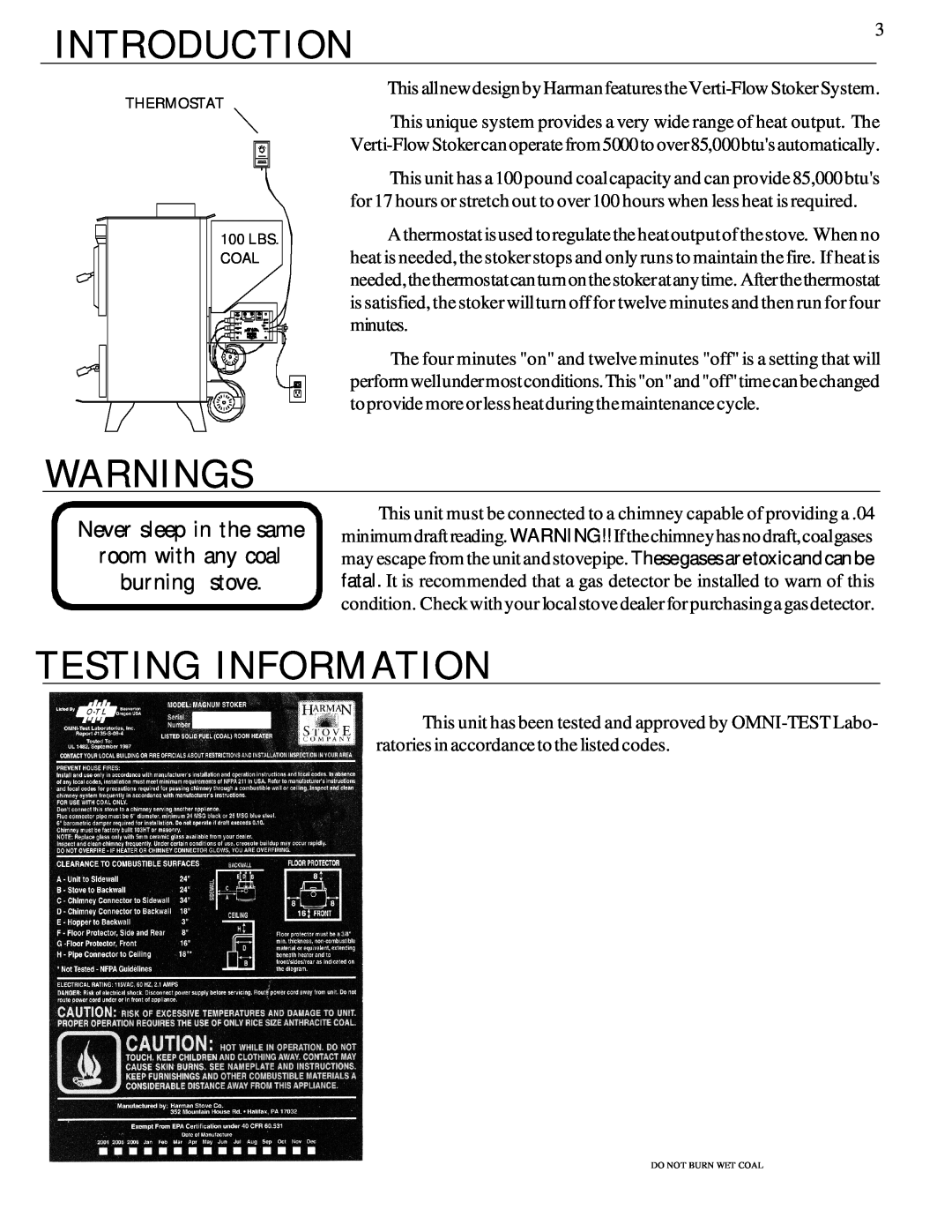 Harman Stove Company Harman Stove The Harman Magnum Stoker manual Introduction, Warnings, Testing Information 