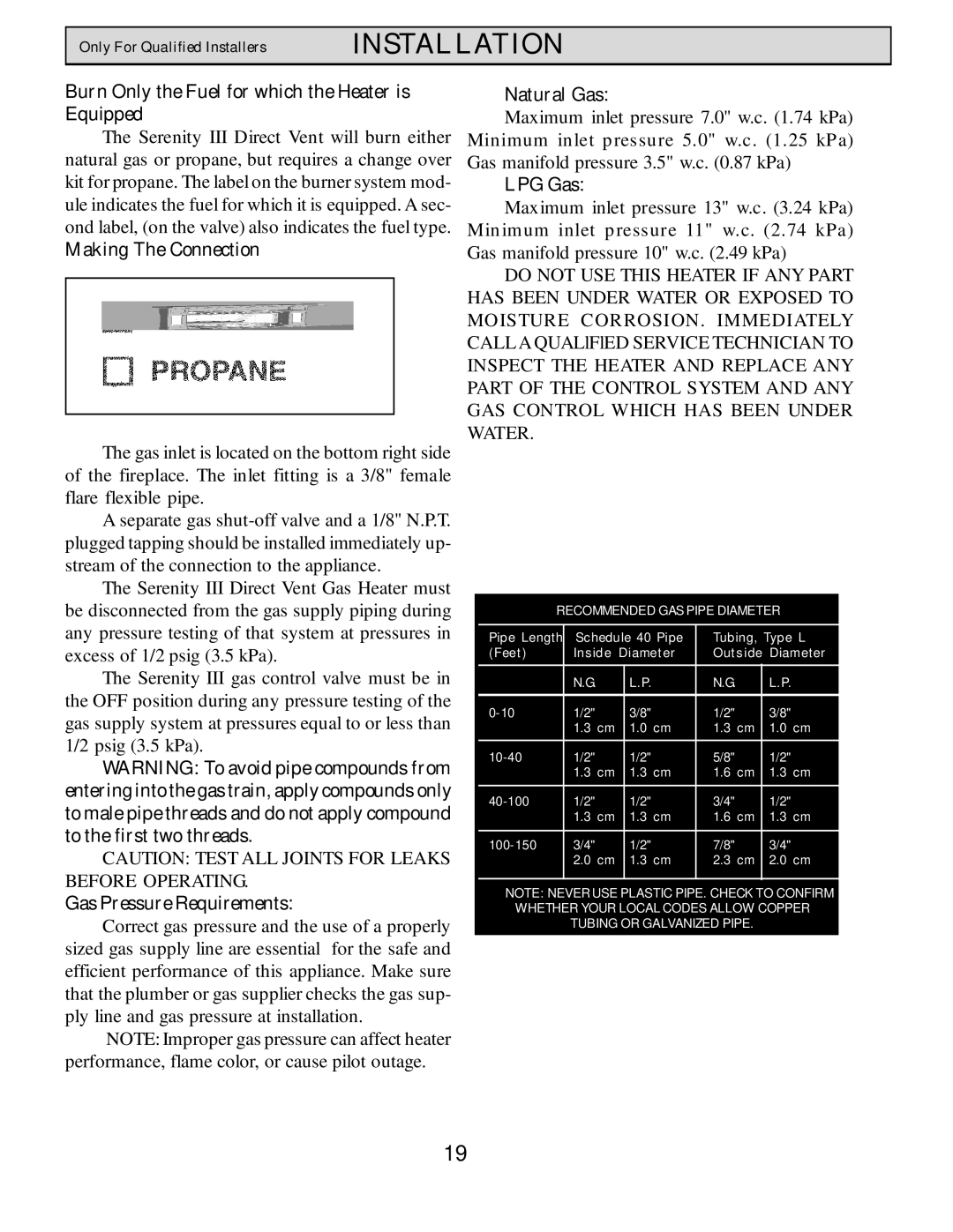 Harman Stove Company HB 38 DV Burn Only the Fuel for which the Heater is Equipped, Making The Connection, Natural Gas 