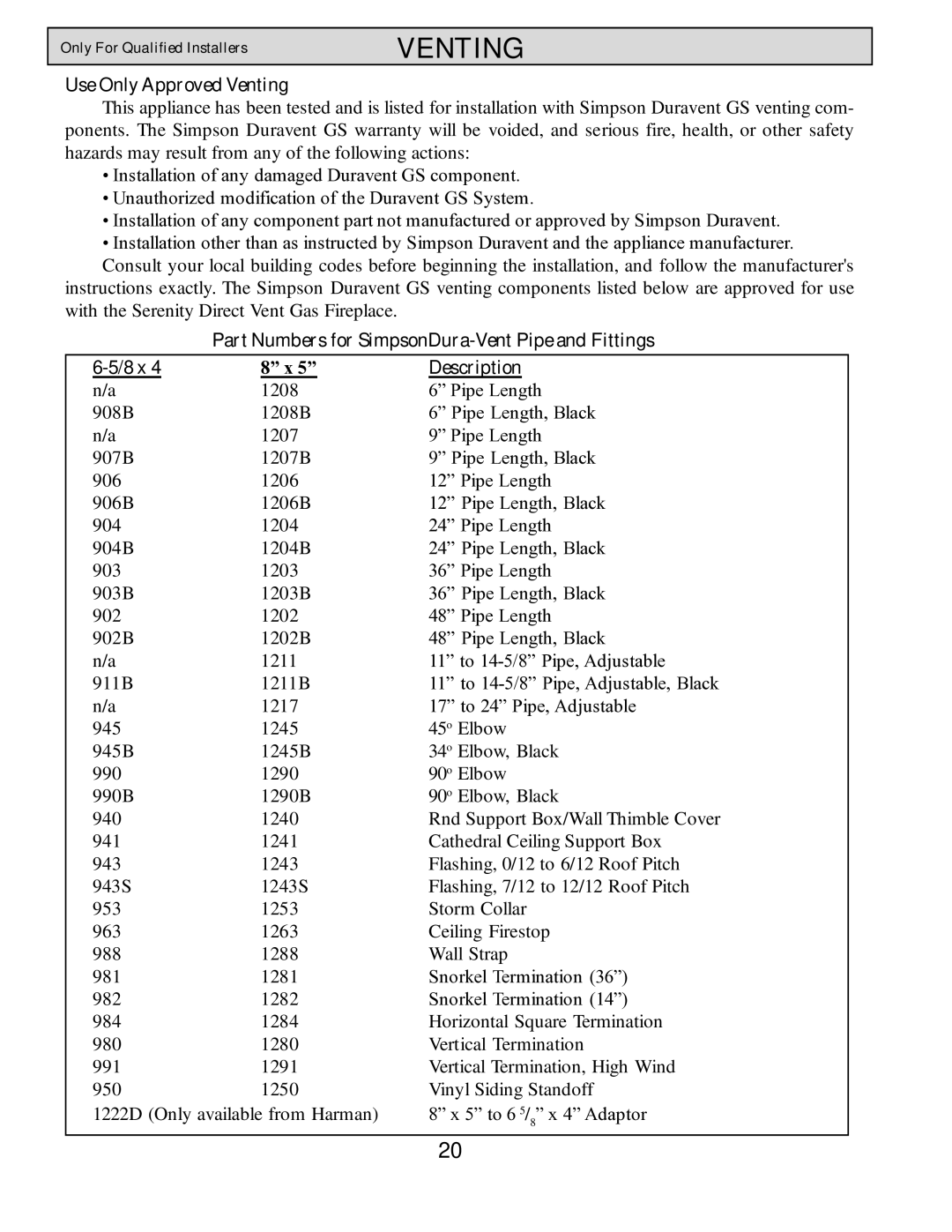 Harman Stove Company HB 38 DV manual Use Only Approved Venting, Part Numbers for SimpsonDura-Vent Pipe and Fittings 