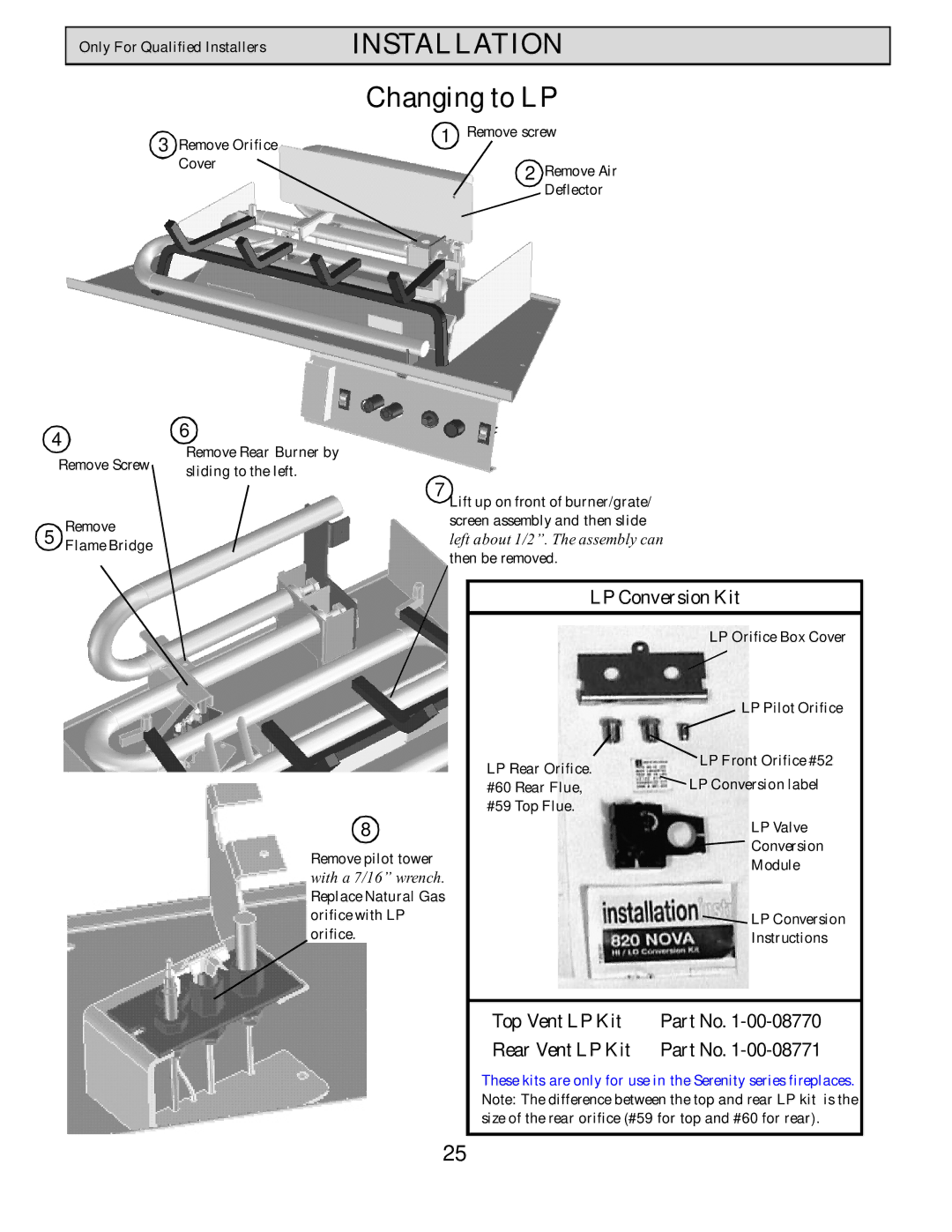 Harman Stove Company HB 38 DV manual Changing to LP, LP Conversion Kit, Top Vent LP Kit Rear Vent LP Kit 