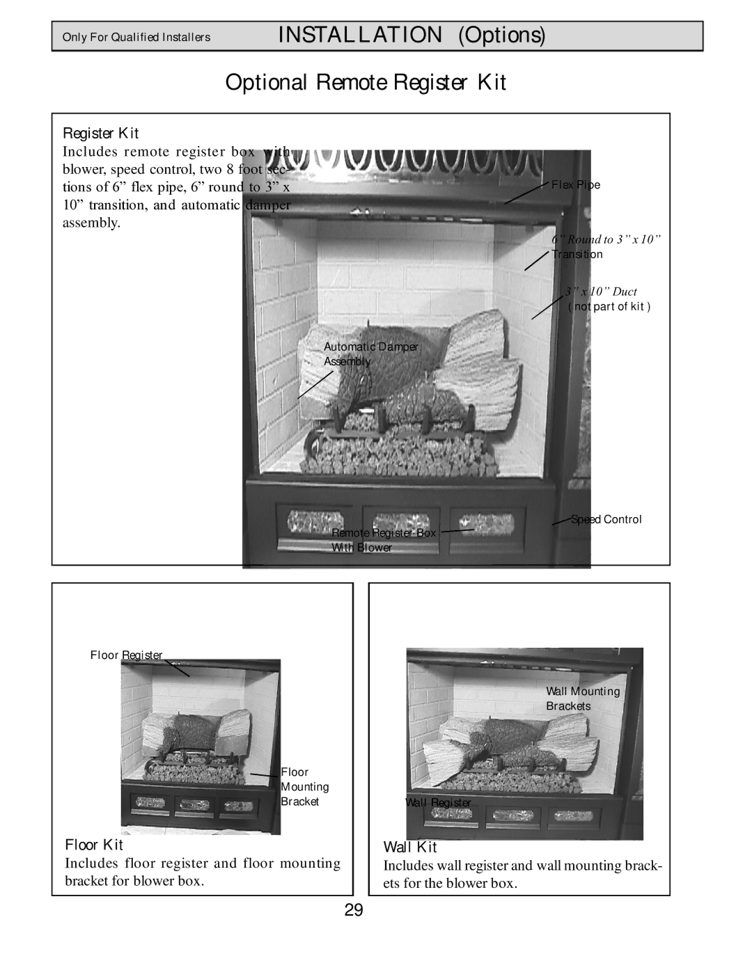 Harman Stove Company HB 38 DV manual Optional Remote Register Kit, Floor Kit, Wall Kit 