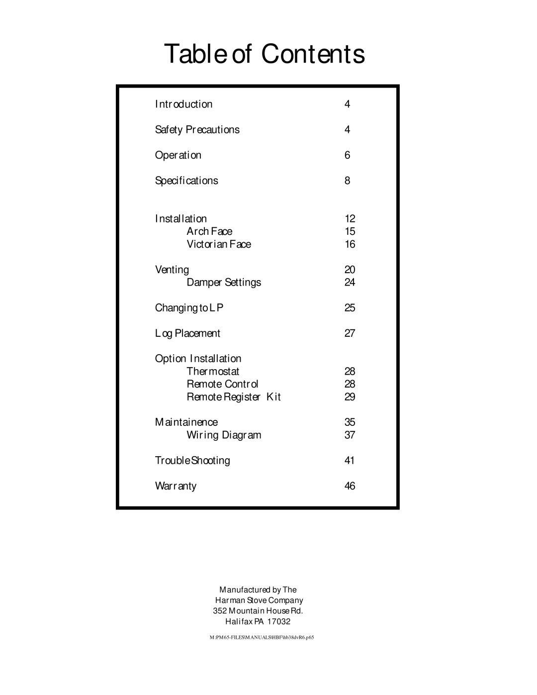 Harman Stove Company HB 38 DV manual Table of Contents 