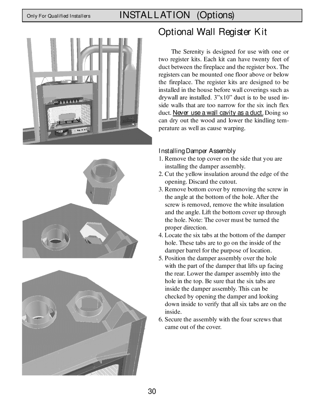 Harman Stove Company HB 38 DV manual Optional Wall Register Kit, Installing Damper Assembly 