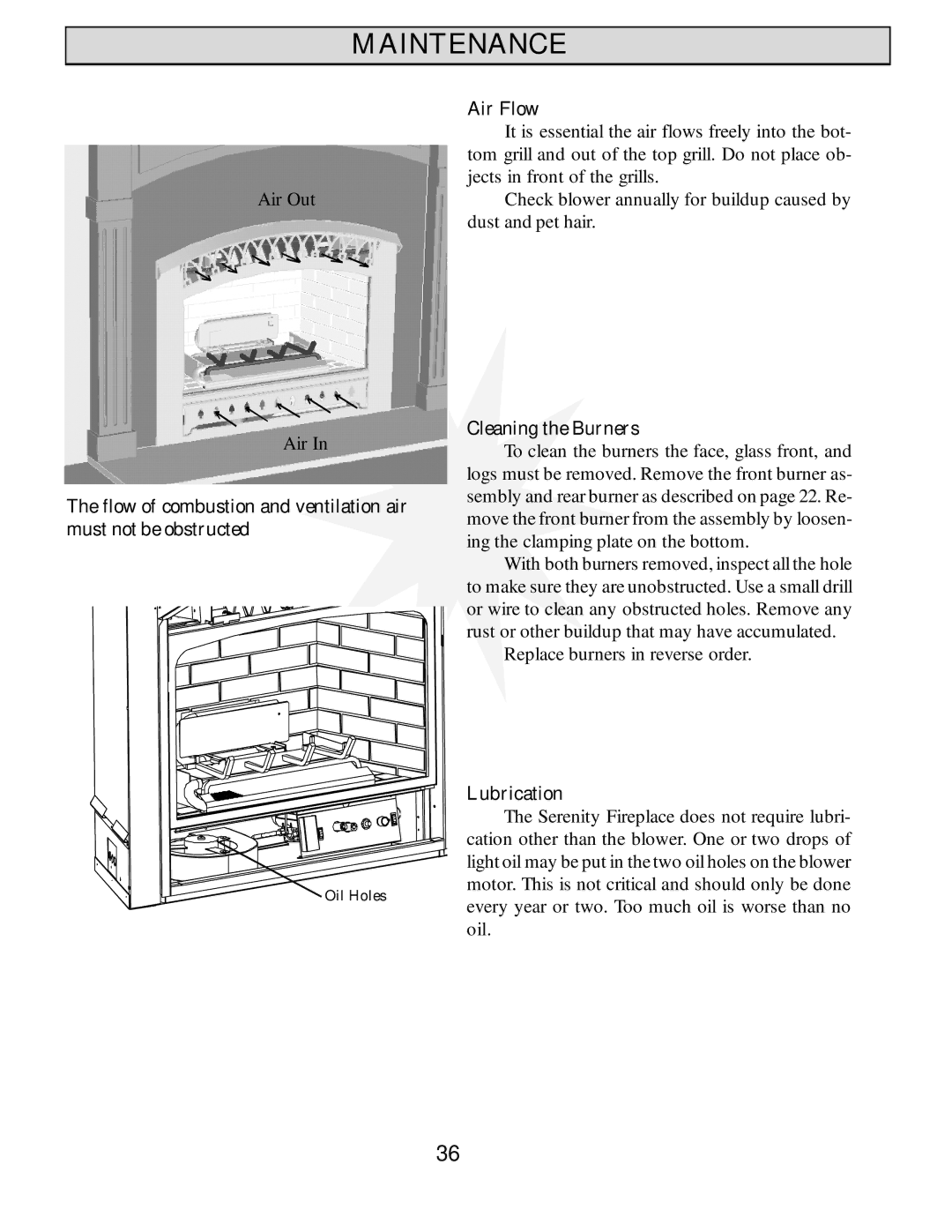 Harman Stove Company HB 38 DV manual Air Flow, Cleaning the Burners, Lubrication 