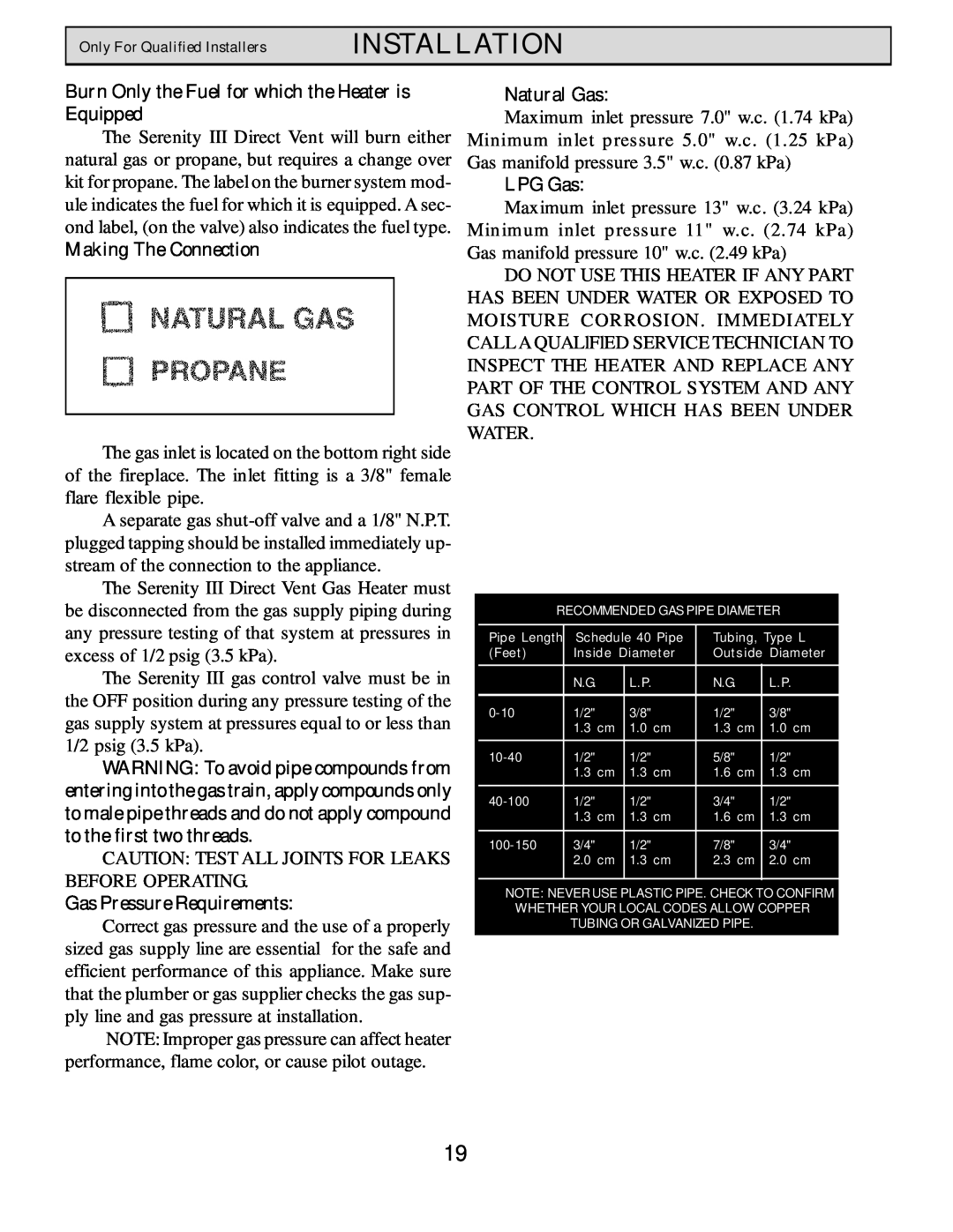 Harman Stove Company HB 38 DV manual Making The Connection, Gas Pressure Requirements, Natural Gas, LPG Gas, Installation 