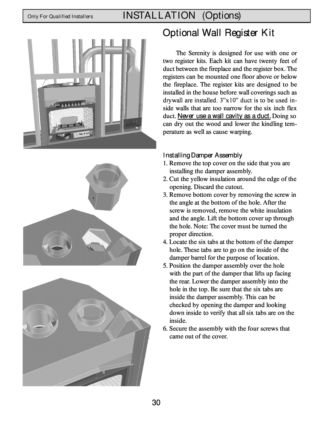 Harman Stove Company HB 38 DV manual Optional Wall Register Kit, Installing Damper Assembly, INSTALLATION Options 