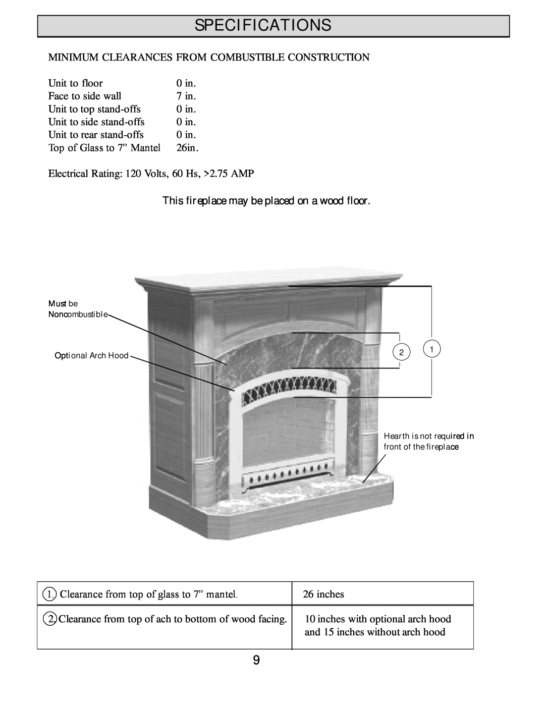 Harman Stove Company HB 38 DV manual This fireplace may be placed on a wood floor, Specifications 