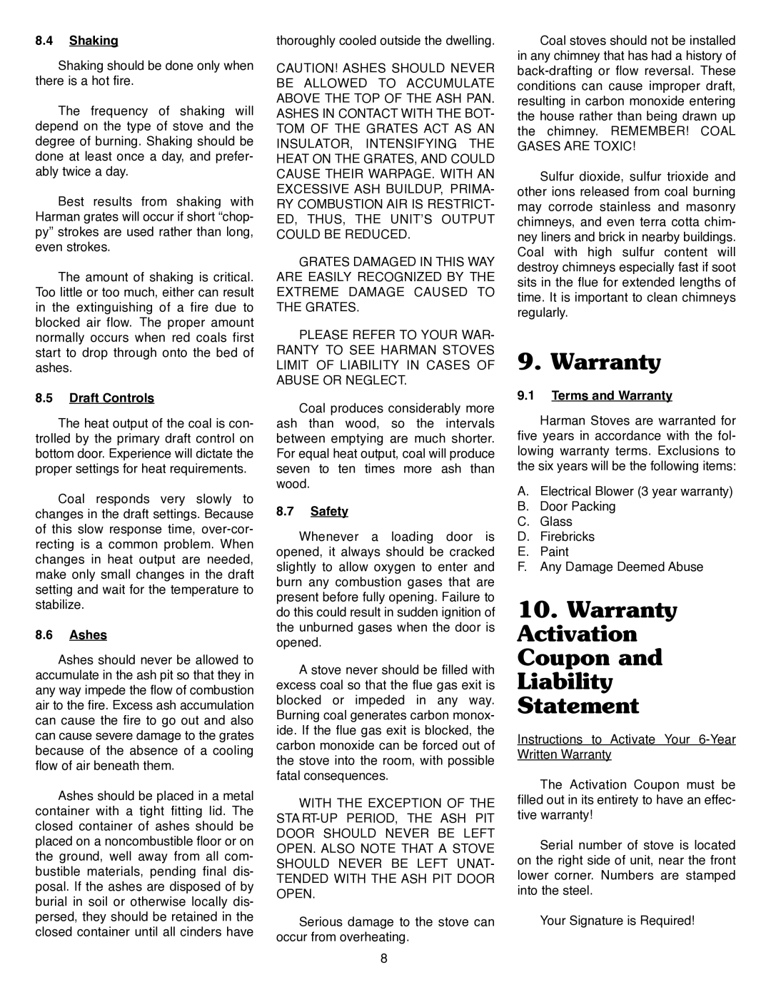 Harman Stove Company III manual Warranty Activation Coupon and Liability Statement 