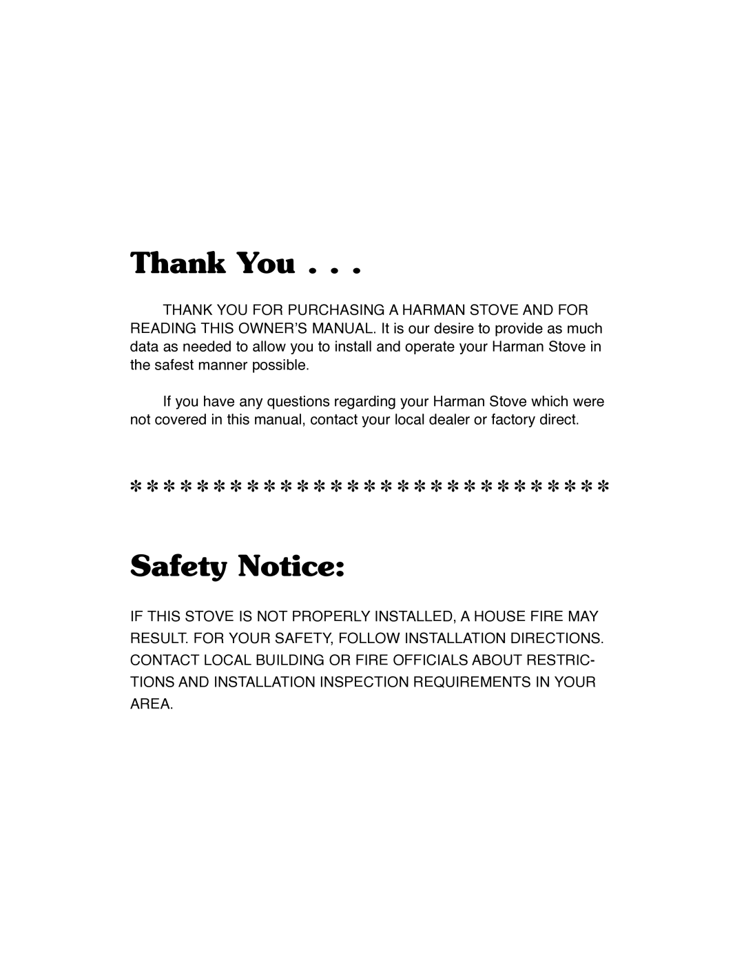 Harman Stove Company III manual Thank You, Safety Notice 