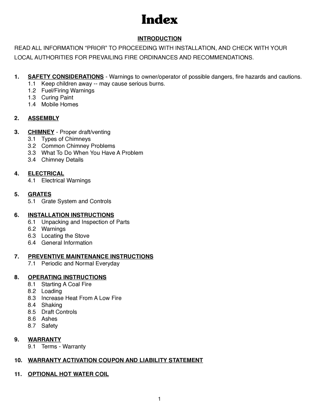 Harman Stove Company III manual Index, Introduction 