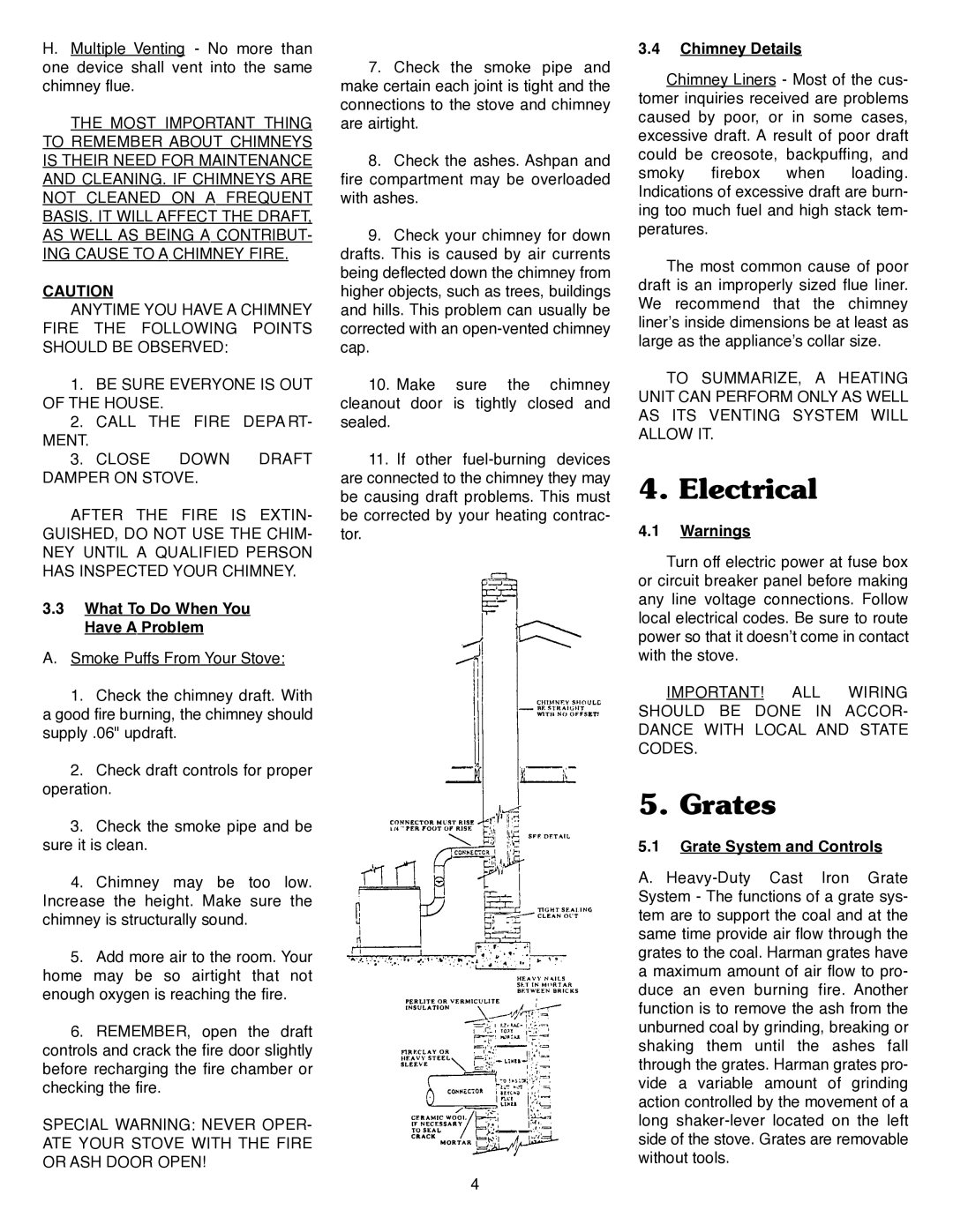 Harman Stove Company I Electrical, Grates, What To Do When You Have a Problem, Chimney Details, Grate System and Controls 