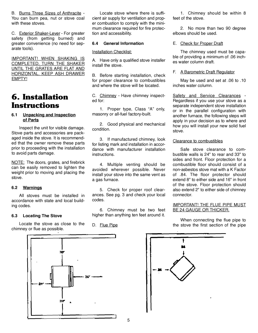 Harman Stove Company III manual Installation Instructions, Unpacking and Inspection of Parts, Locating The Stove 