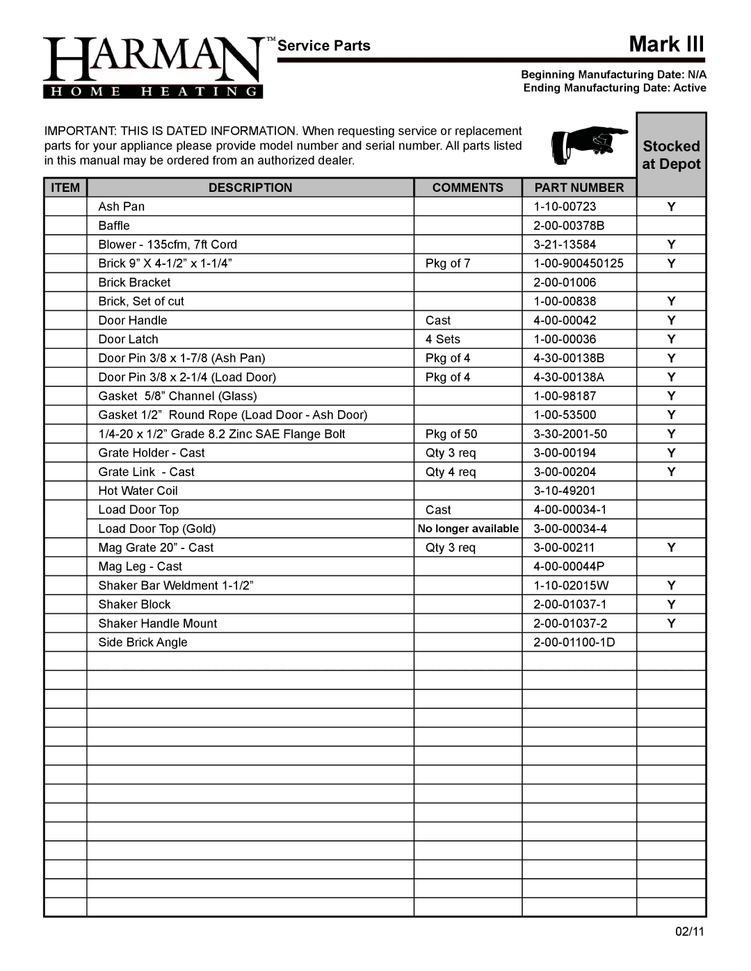 Harman Stove Company MARK III manual At Depot 