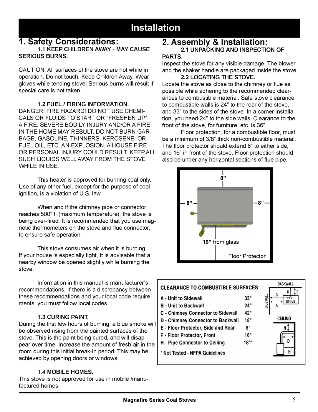 Harman Stove Company MARK III manual Safety Considerations, Assembly & Installation 