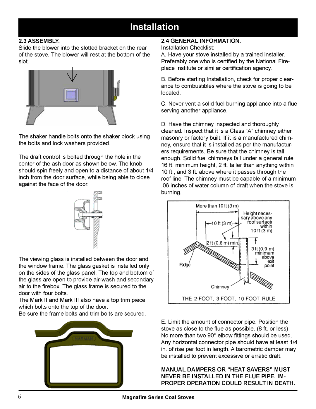 Harman Stove Company MARK III manual Assembly 