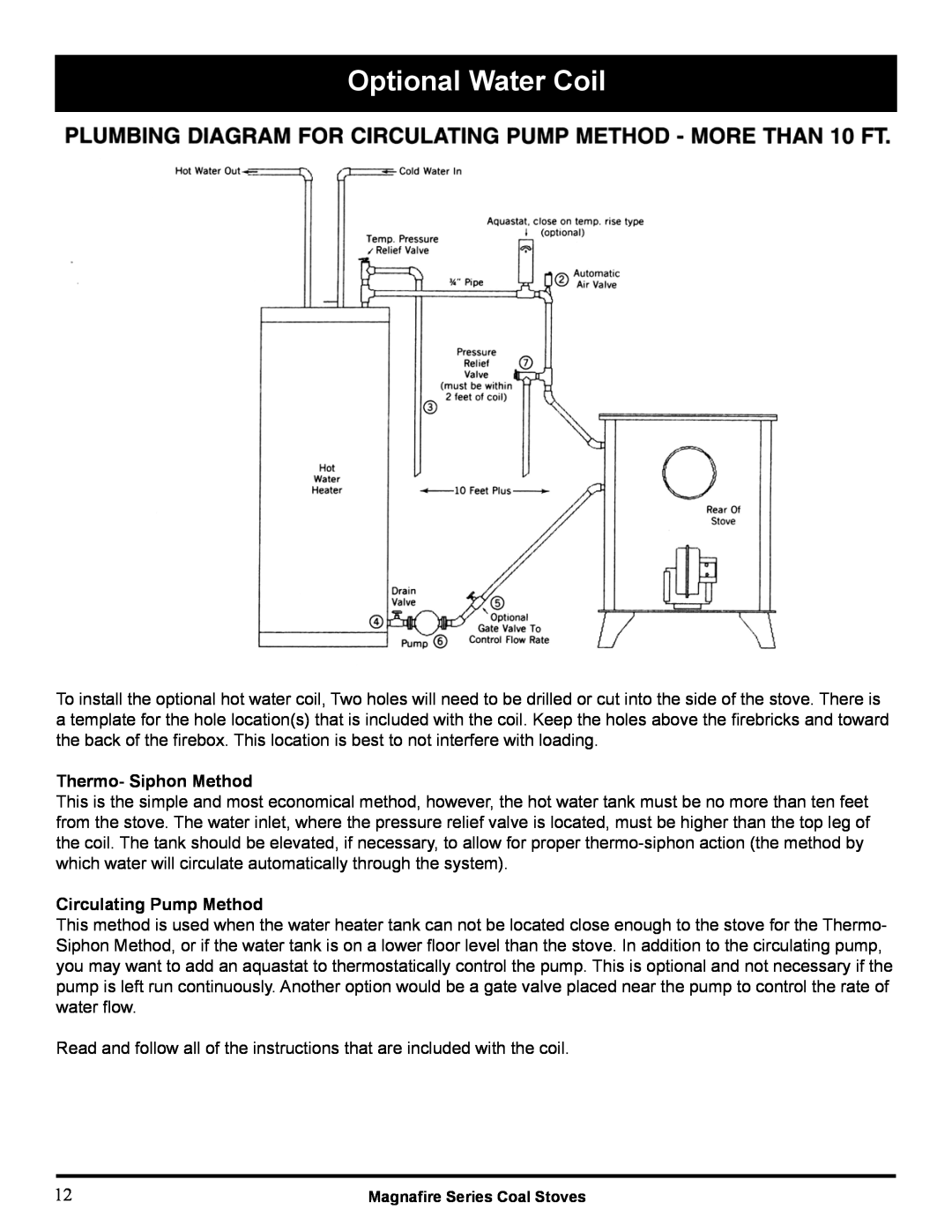 Harman Stove Company MARK III manual Optional Water Coil, Thermo- Siphon Method, Circulating Pump Method 