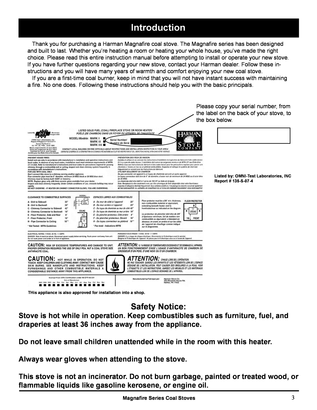 Harman Stove Company MARK III manual Introduction, Safety Notice 