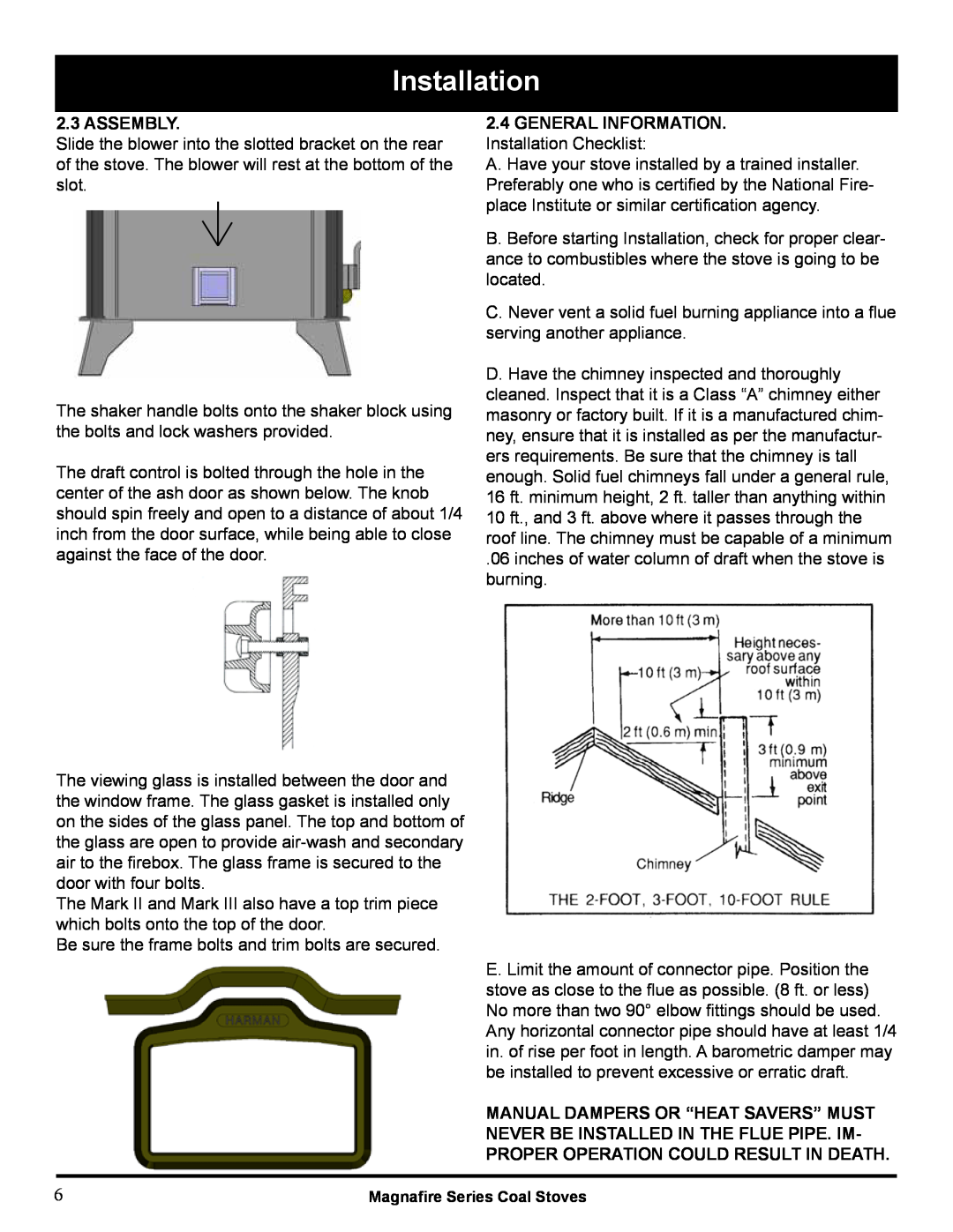 Harman Stove Company MARK III manual Installation, Assembly 