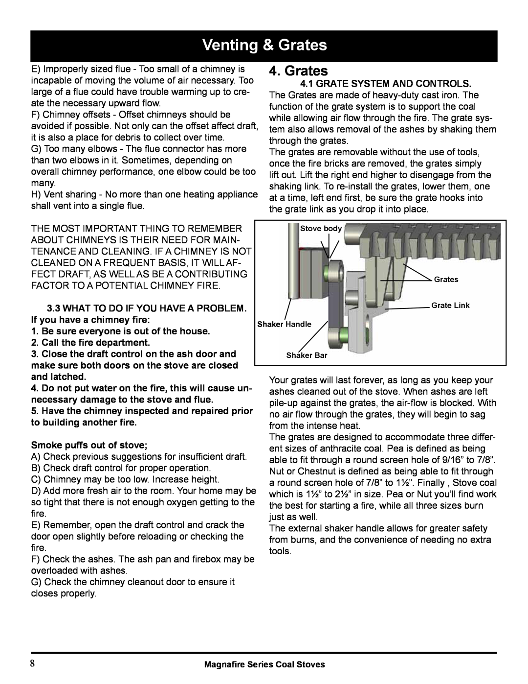 Harman Stove Company MARK III Venting & Grates, Grate System And Controls, what to do if you have a problem, and latched 