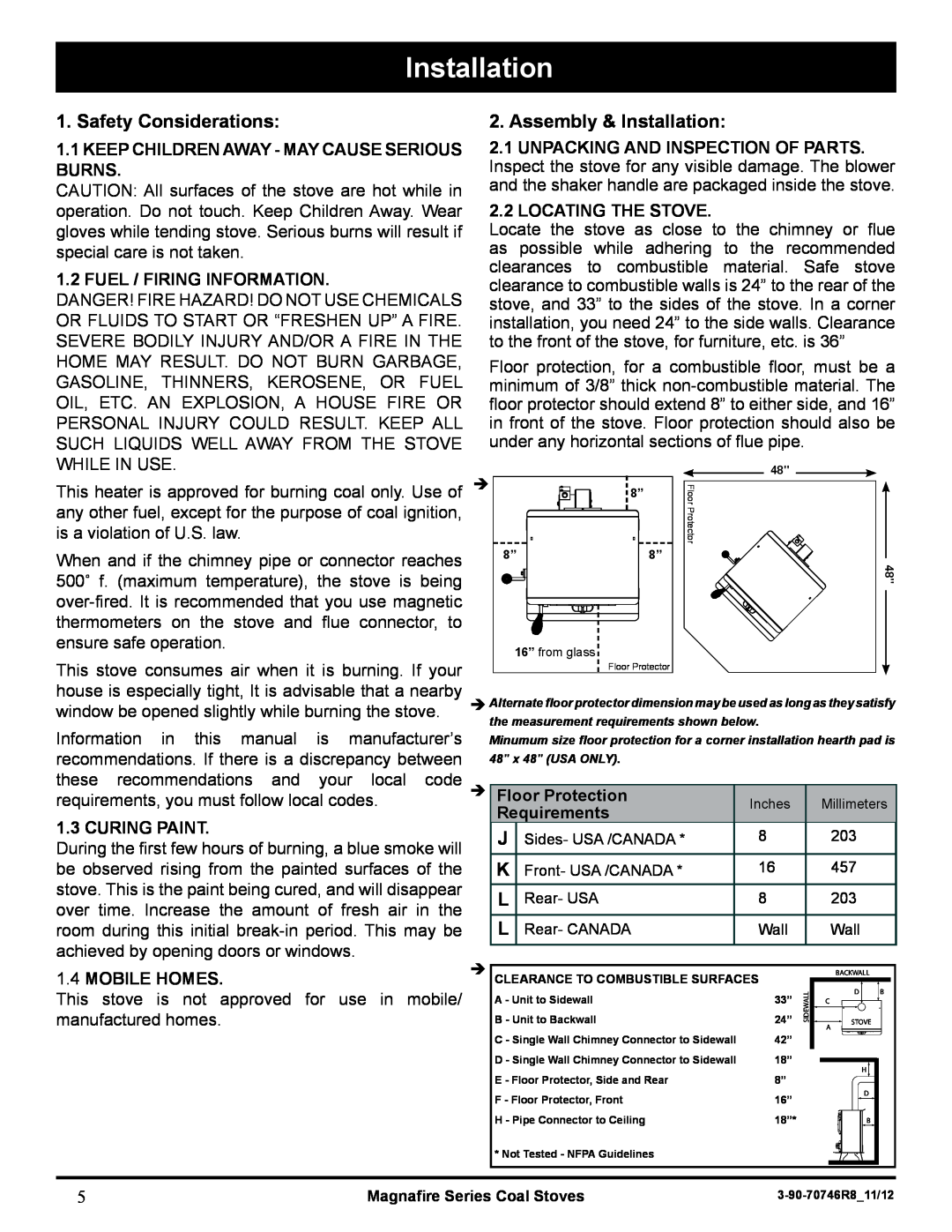 Harman Stove Company MARK III Safety Considerations, Assembly & Installation, Unpacking And Inspection Of Parts, Burns 