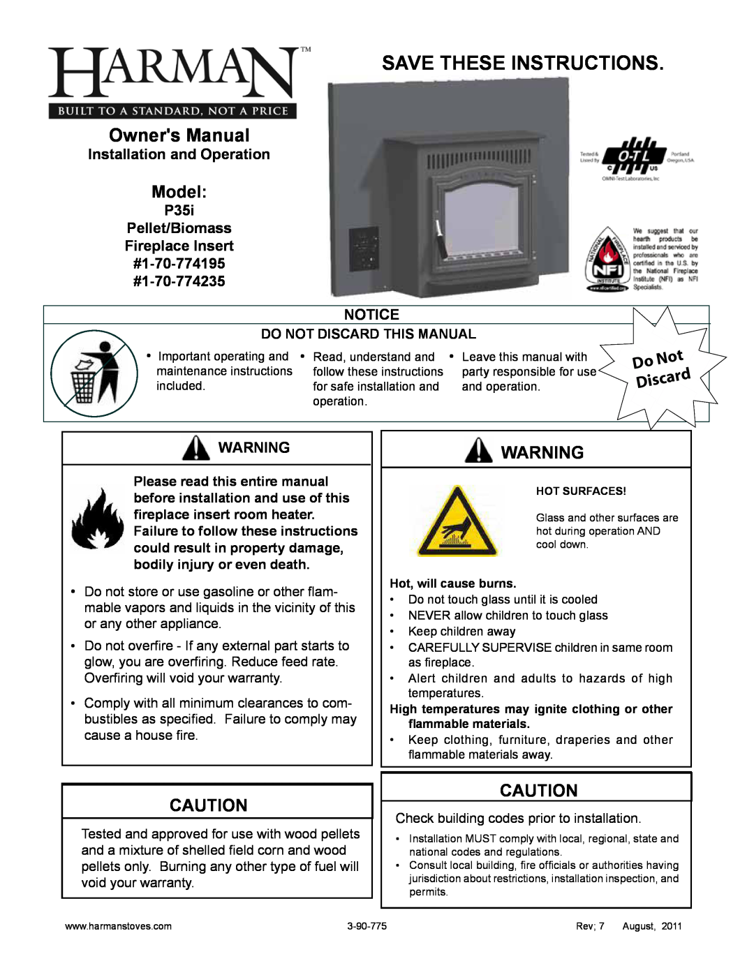 Harman Stove Company P35I owner manual Save These Instructions, Model, Discard 