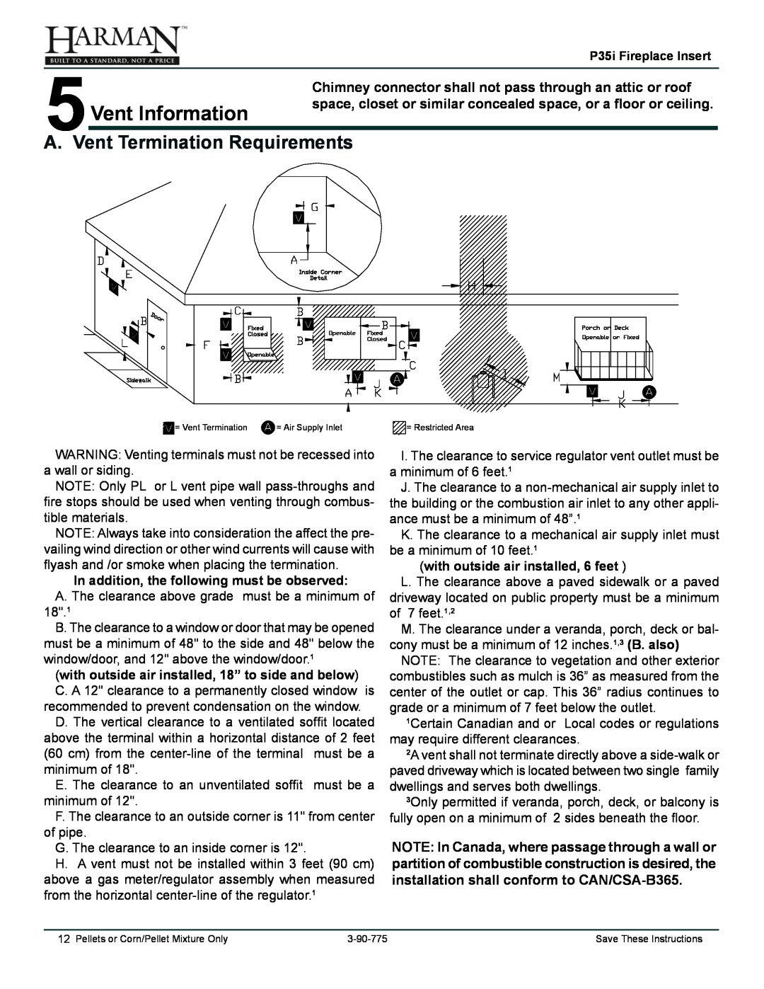 Harman Stove Company P35I owner manual Vent Information, A. Vent Termination Requirements 