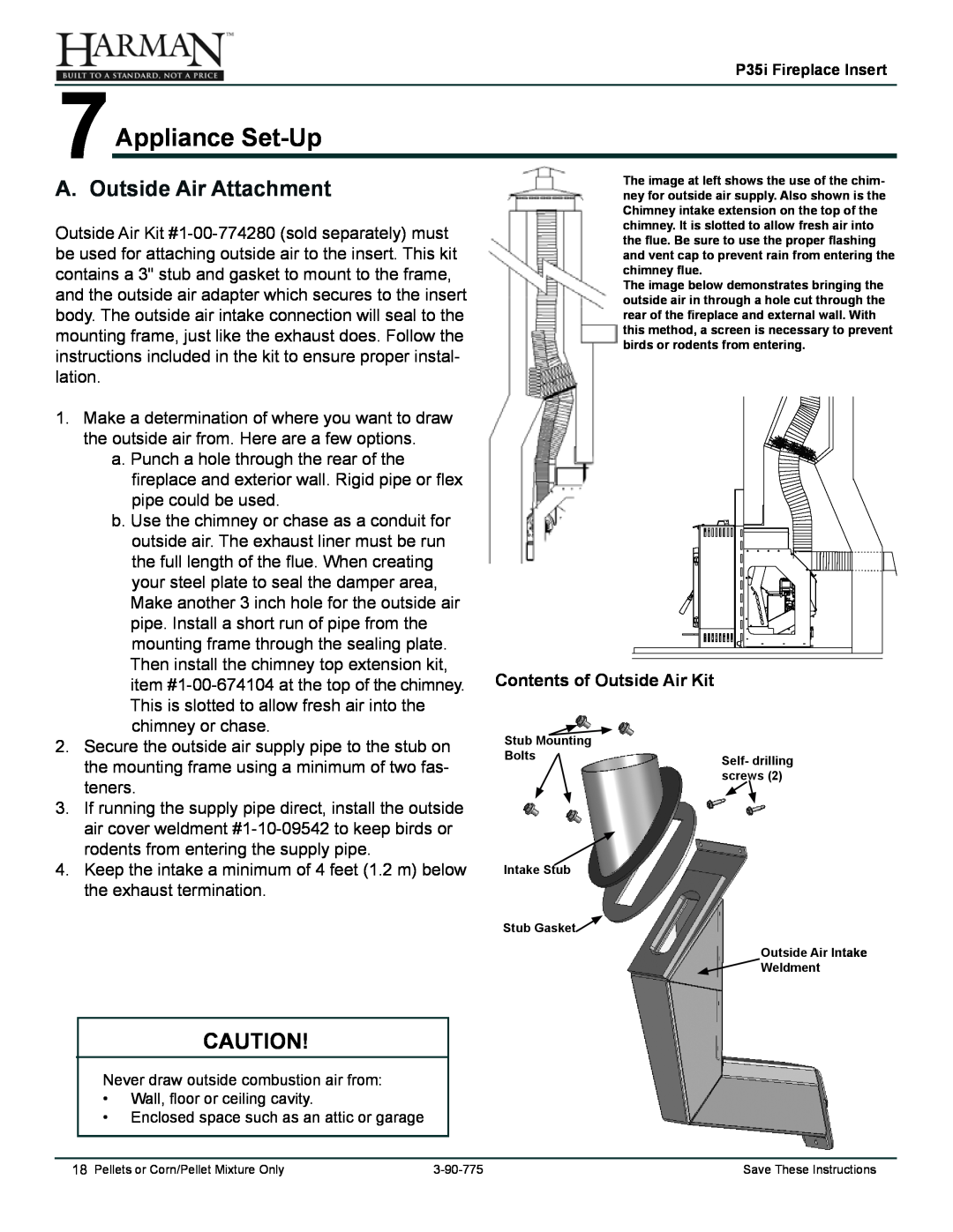 Harman Stove Company P35I owner manual 7Appliance Set-Up, A. Outside Air Attachment 