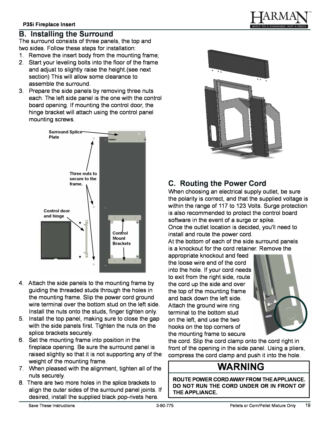 Harman Stove Company P35I owner manual B. Installing the Surround, C. Routing the Power Cord 