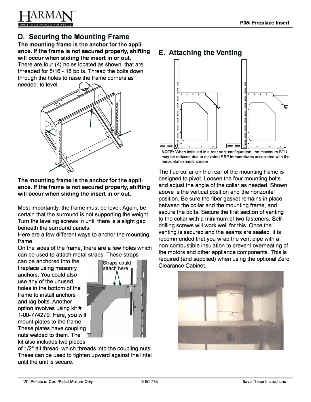 Harman Stove Company P35I owner manual D. Securing the Mounting Frame, E. Attaching the Venting 