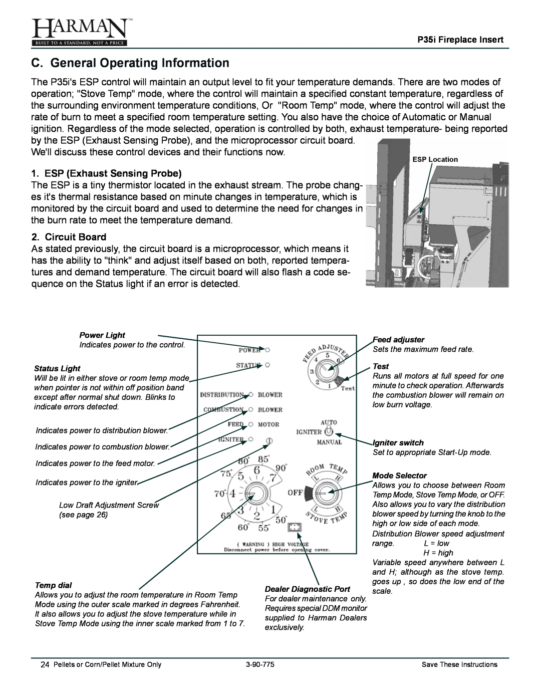 Harman Stove Company P35I owner manual C. General Operating Information, ESP Exhaust Sensing Probe, Circuit Board 