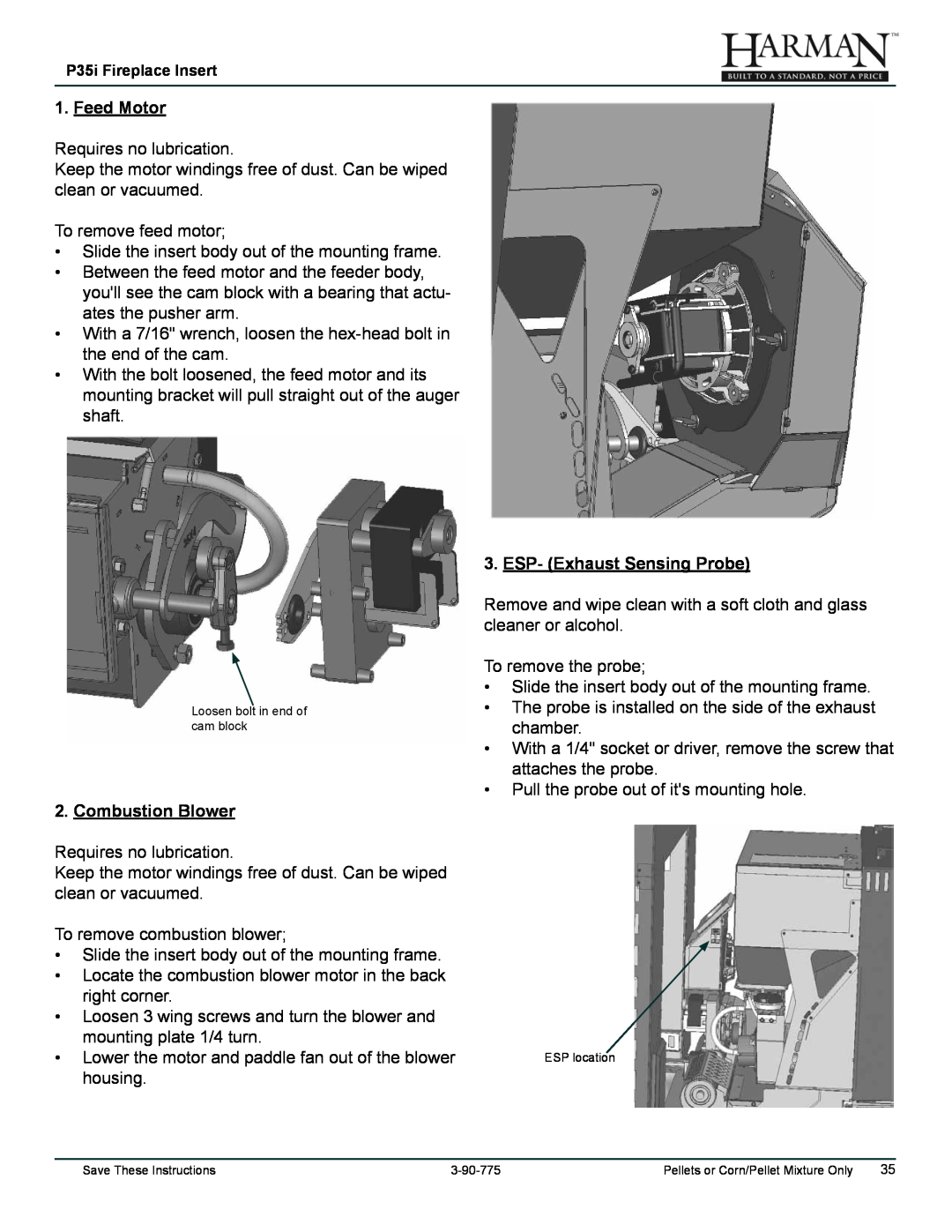 Harman Stove Company P35I owner manual Feed Motor, Combustion Blower, ESP- Exhaust Sensing Probe 