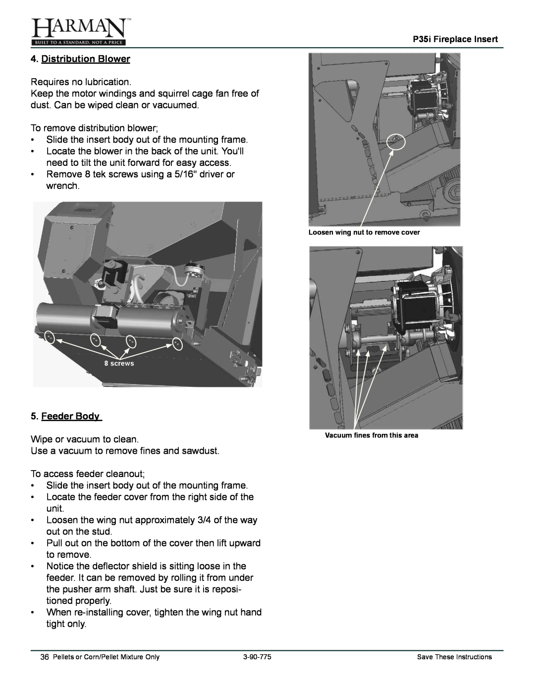 Harman Stove Company P35I owner manual Distribution Blower, Feeder Body 